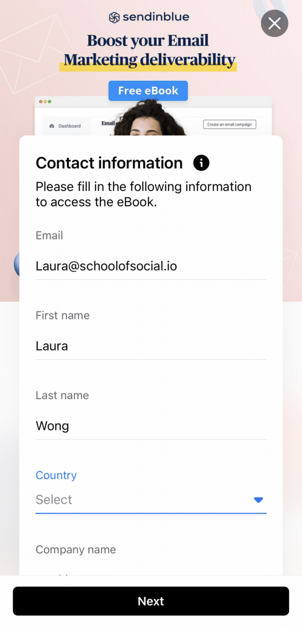 Sendinblue fill in contact info to access e-book