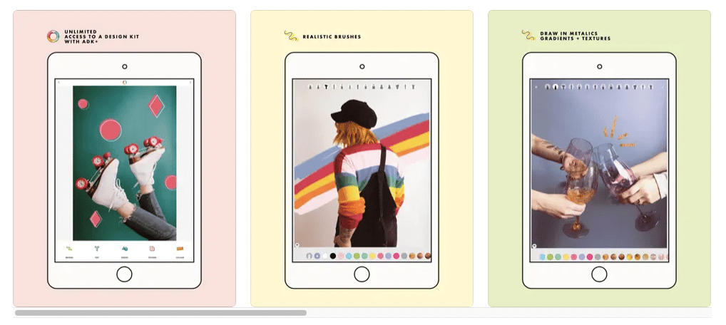 drei Handy-Screens, die maßgeschneiderte Sticker auf statischen Bildern zeigen — erstellt mit der Instagram-Stories-App A Design Kit