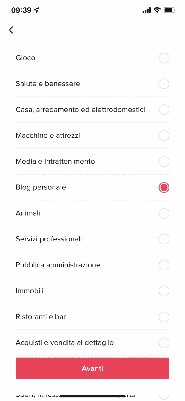 Pagina per scegliere la categoria che descrive meglio il tuo account su tiktok