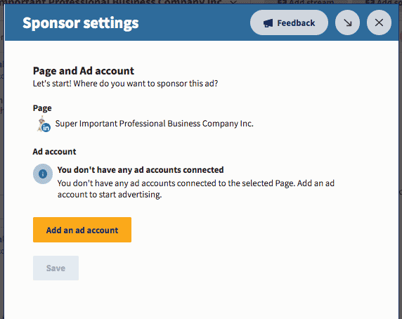 Sponsor settings LinkedIn page and ad account