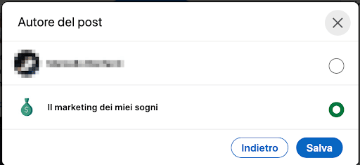 pubblica come profilo personale o pagina aziendale