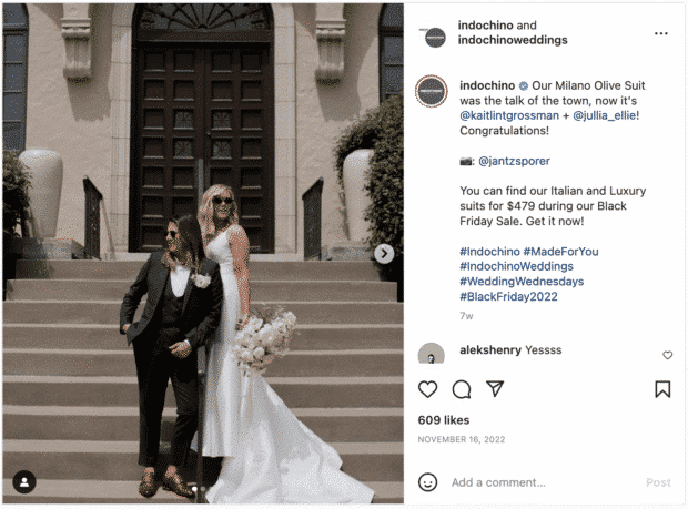 Instagram-Post von Indochino (Hochzeitsfotos) mit Marken- und kontextbezogenen Hashtags 