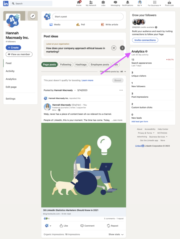 En la parte derecha de la página de empresa se muestra una vista rápida de las estadísticas de LinkedIn