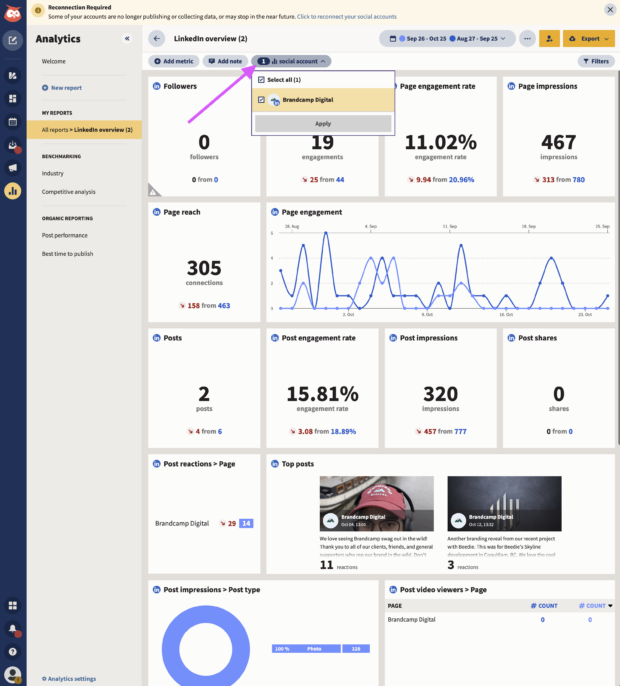Flecha que muestra el menú desplegable en las estadísticas de Hootsuite para seleccionar la cuenta de LinkedIn correcta