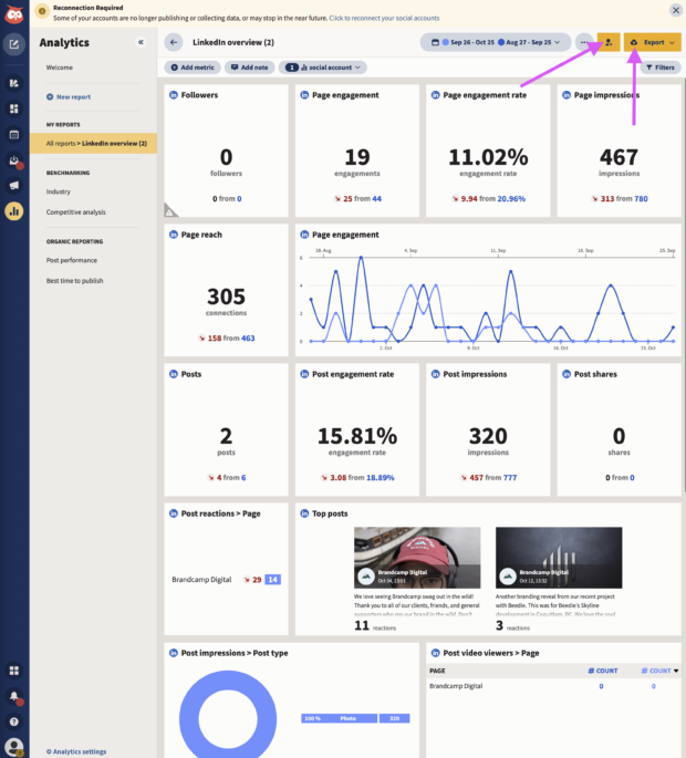Dos flechas que muestran las opciones de compartir y exportar en el informe de estadísticas de LinkedIn de Hootsuite