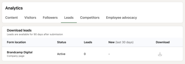 Estadísticas del formulario de clientes potenciales en LinkedIn, que muestran el estado y el número de clientes potenciales, además de un botón de descarga