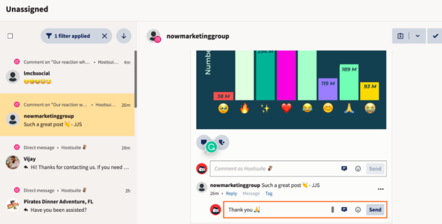 Commentaires et messages directs dans la boîte de réception de Hootsuite
