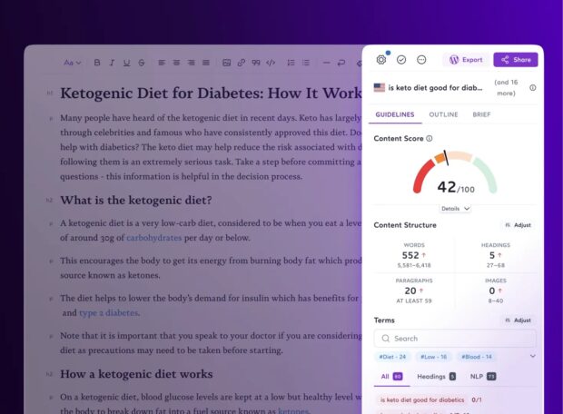 SurferSEO search results with content score and structure