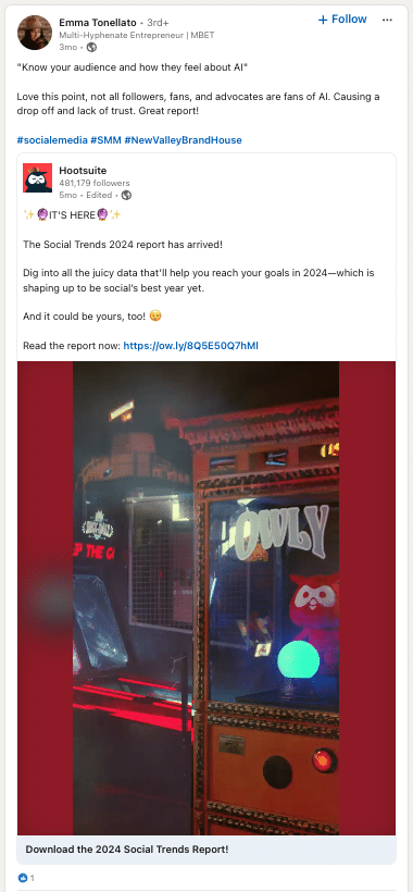 Post Instagram présentant le rapport sur les médias sociaux 2024 de Hootsuite