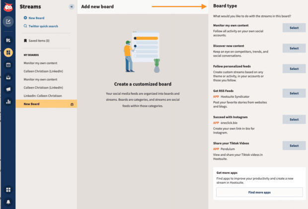 Mise en place d’un flux sur Hootsuite : sélection du type de tableau