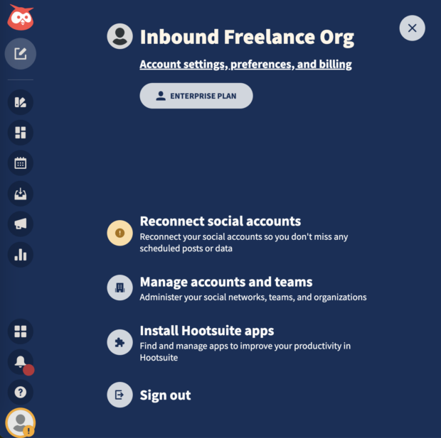 hootsuite dashboard screen prompting user to reconnect or add social media accounts