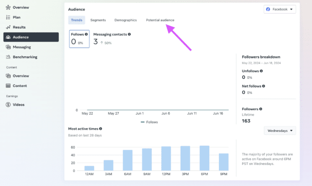 arrow pointing to potential audience menu in facebook ads, in right hand corner