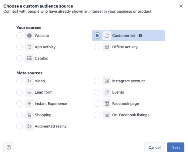 custom audience screen showing a check in the customer list box