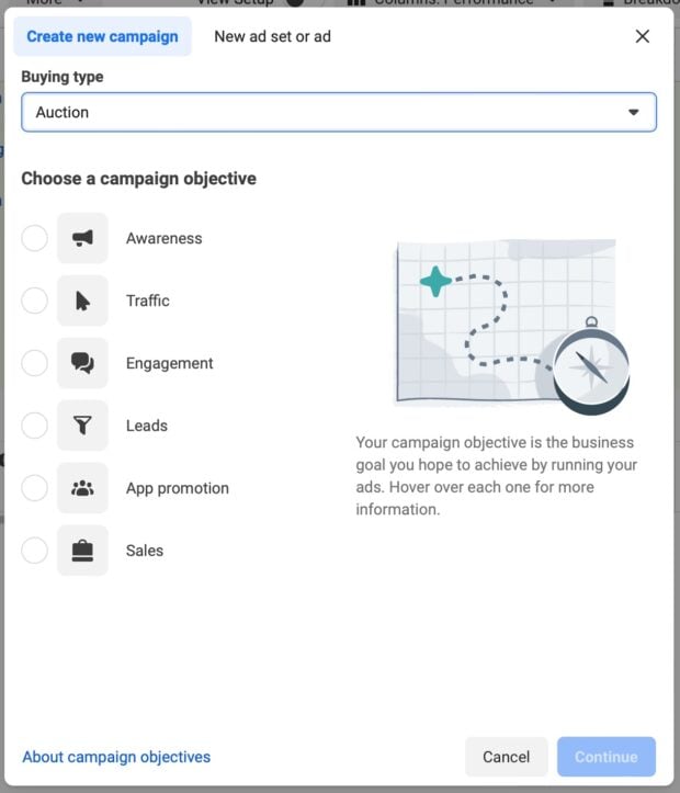 Create new campaign buying type and choose ad objective
