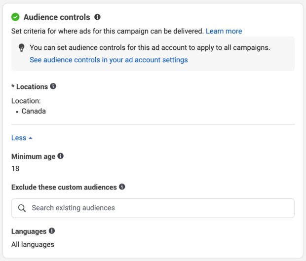 Audience controls target location minimum age and languages