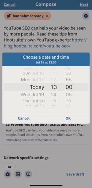 The schedule Tweet option in Hootsuite mobile
