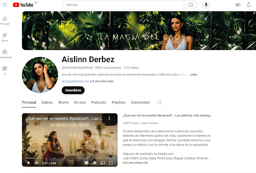 El canal de YouTube de Aislinn Derbez (@AislinnDerbezOficial) completamente optimizado. Incluye una foto de perfil, arte del canal, descripción, información de contacto, enlace a sus otras redes sociales y más.
