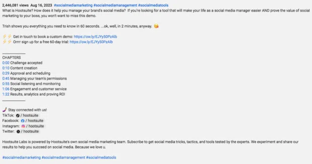 Descripción del video de Hootsuite Labs con sellos de tiempo de resumen y enlace a cuentas sociales