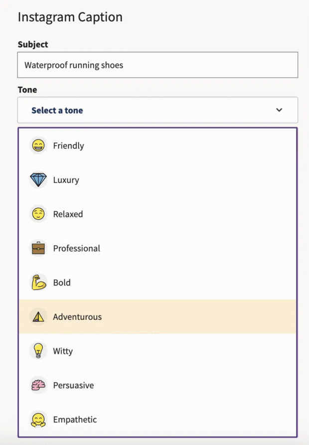 choix d’un ton dans le générateur de légendes de l'outil OwlyWriter AI