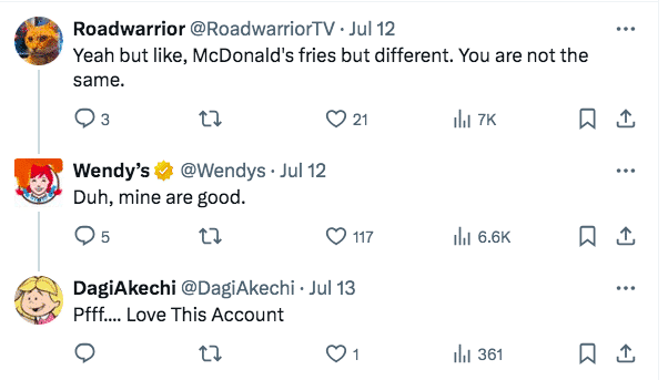 Wendy's comment reply about fries comparison to McDonald's