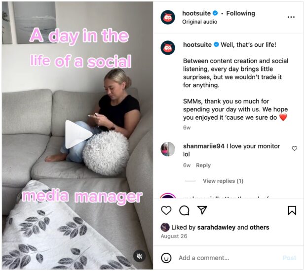 Reel posté sur le compte Instagram de Hootsuite : une journée dans la vie d’un responsable des médias sociaux