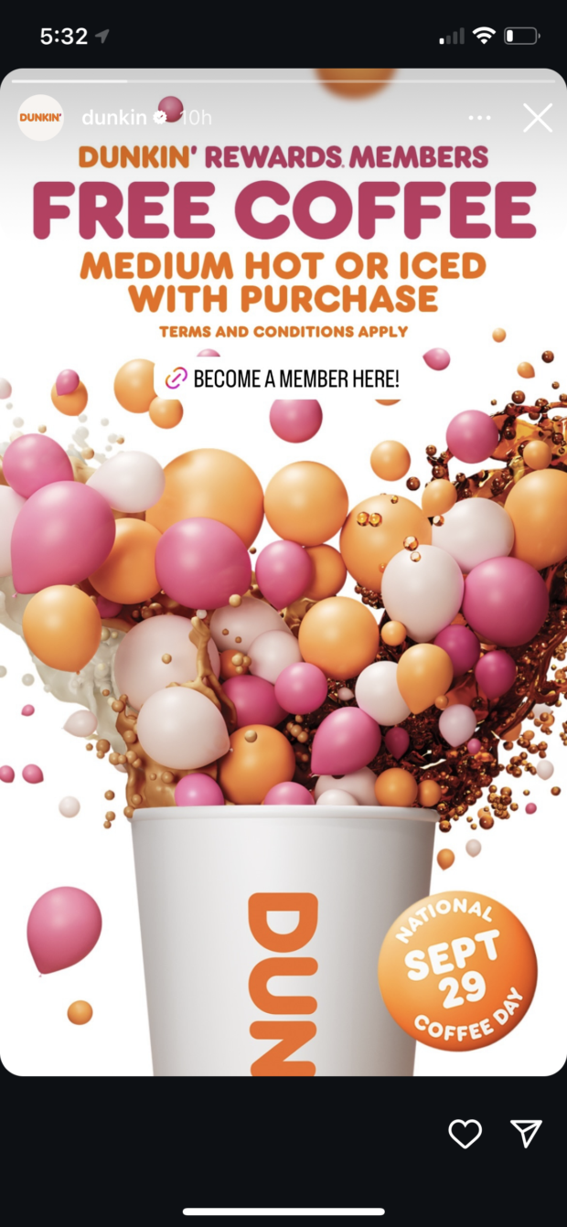 Dunkin Rewards free coffee instagram stories