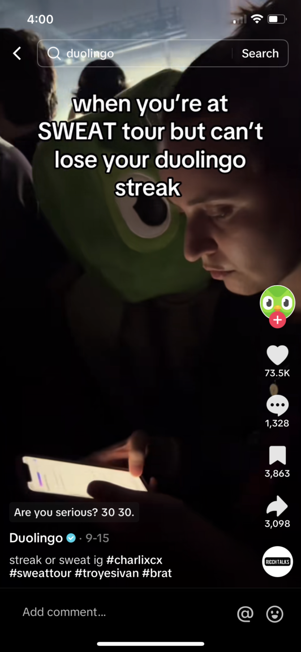 TikTok when you're at SWEAT tour but you can't lose your Duolingo streak