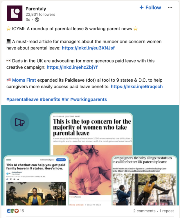 Parentaly industry updates on parental leave shared on LinkedIn