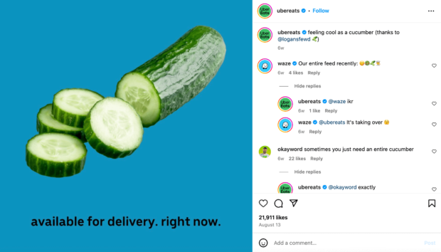 Uber Eats Instagram post cucumber available for delivery
