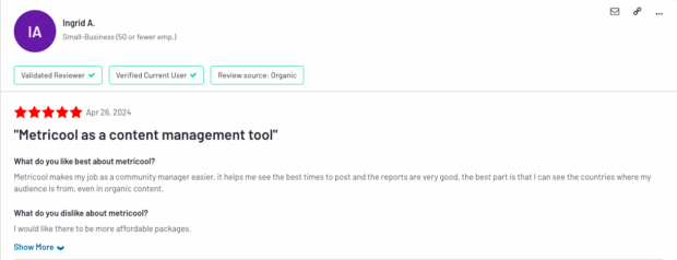 G2 Metricool content management tool review