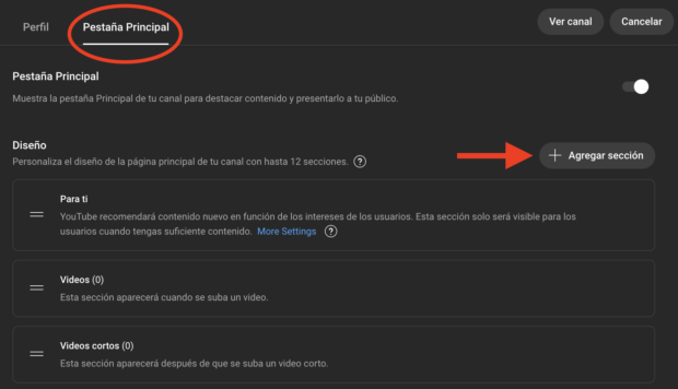 Agregar secciones adicionales al canal