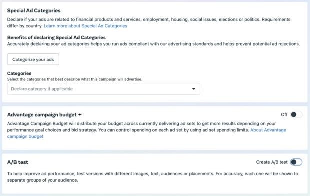 Special ad categories Advantage campaign budget or A/B testing