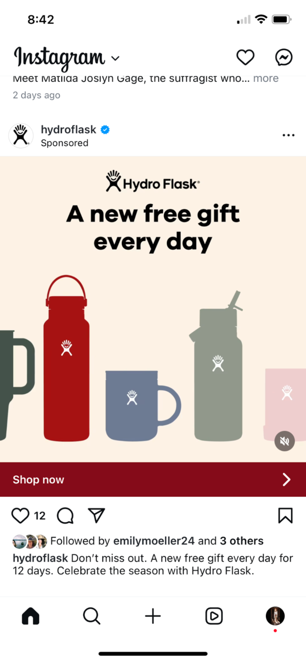 Hydro Flask A New free gift every day Instagram video ad