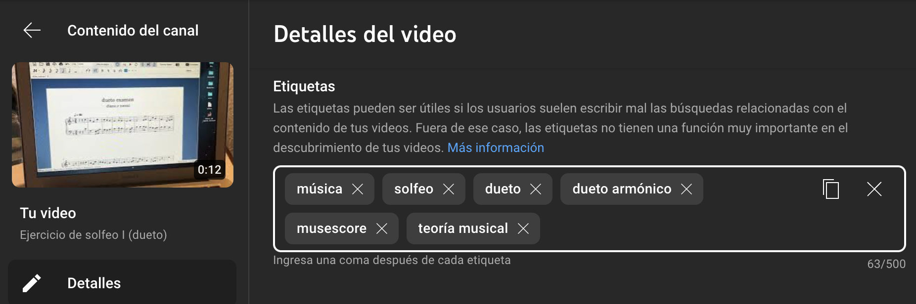 etiquetas de detalles del video como música teoría musical solfeo