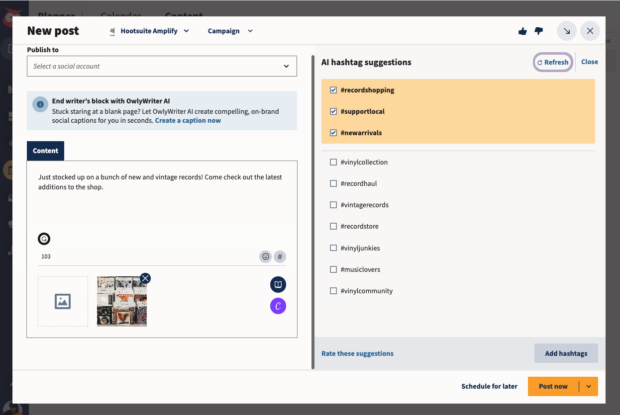 Hootsuite new post AI hashtag suggestions