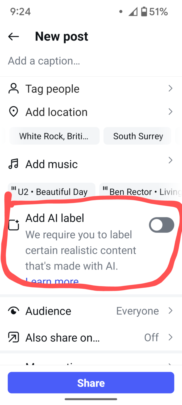 new post on Instagram Add AI label