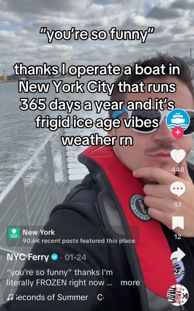 NYC Ferry you're so funny trend frigid ice ferry ride