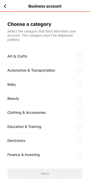 Choose the category for your TikTok for business account