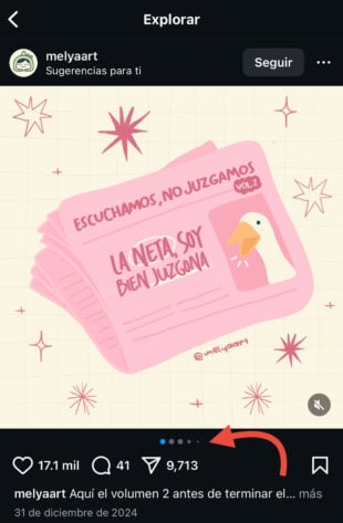 Los puntos en la parte inferior de una publicación de carrusel de Instagram indican qué diapositiva estás viendo