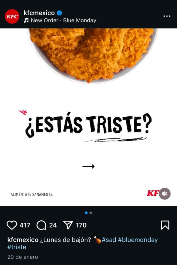 Publicación de Instagram de la cuenta kfcmexico con un consejo para la tristeza