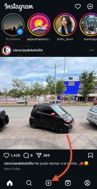 El botón para crear una publicación en Instagram