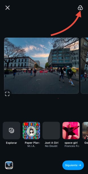 Carrusel de instagram: ícono de filtros en la esquina superior derecha