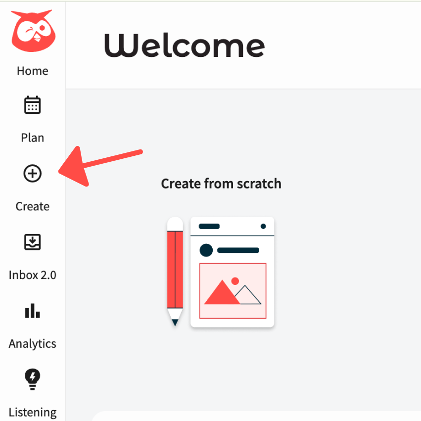 arrow pointing to create icon on left side of hootsuite dashboard