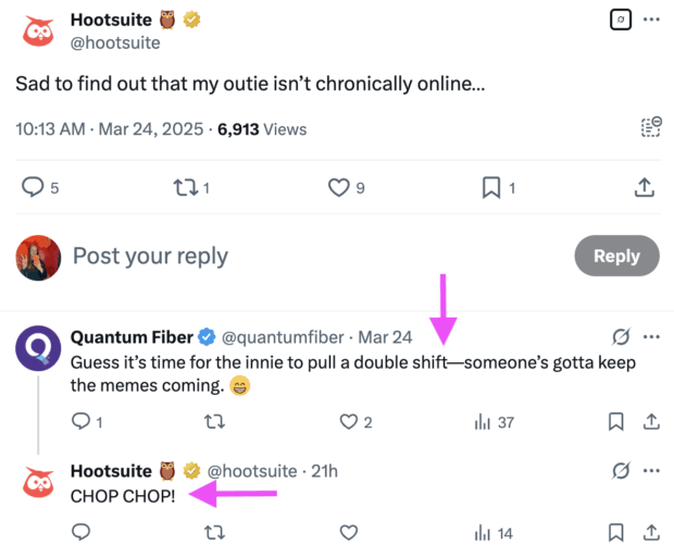 twitter reply on hootsuite tweet about their outie not being chronically online