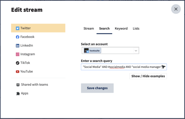 Edit stream Twitter search select account