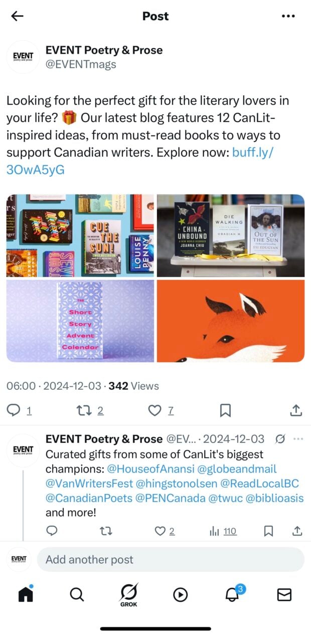 tweet from EVENT magazine promoting a blog about Christmas gifts for literary lovers